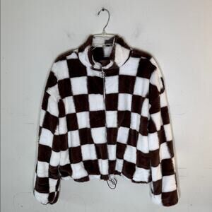 Crave Fame Brown and White Checkered Furry Jacket Size XL